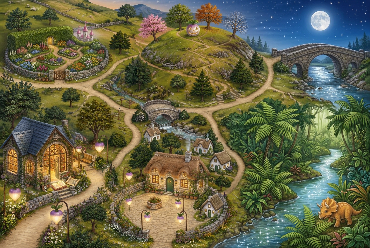 A story map: the golden garden door, lantern hilltop, old bridge, jungle river, bookshelf and village lane