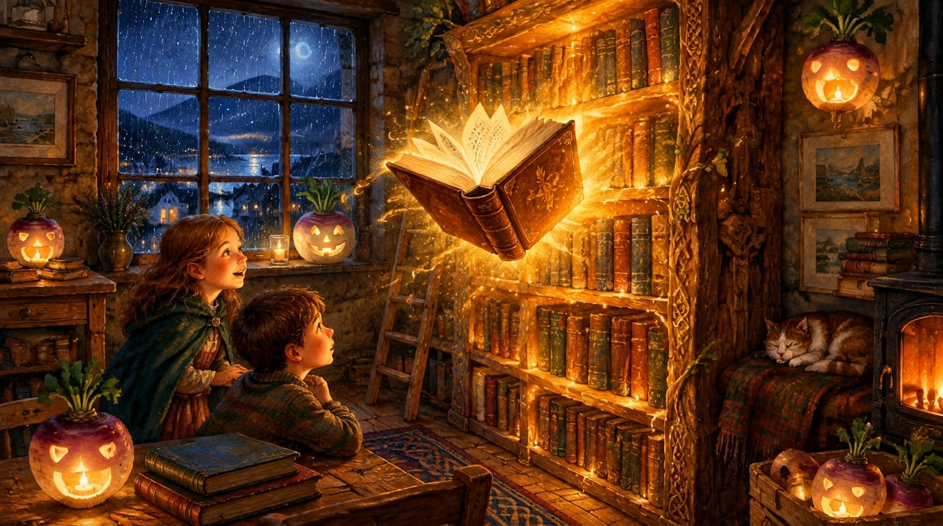 The glowing library bookshelf